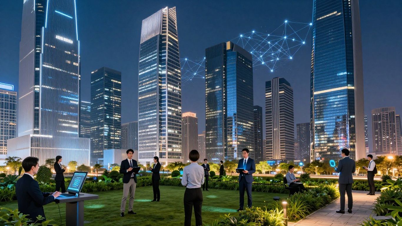 Modern cityscape with real estate professionals and AI technology