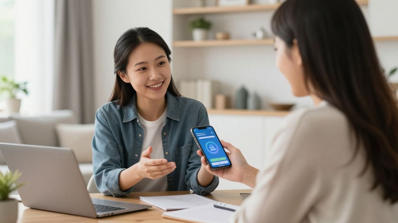 Agent using AI app with happy client in home