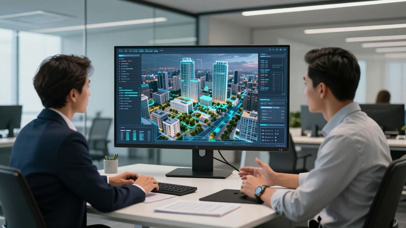 Investor and AI assistant in modern real estate office