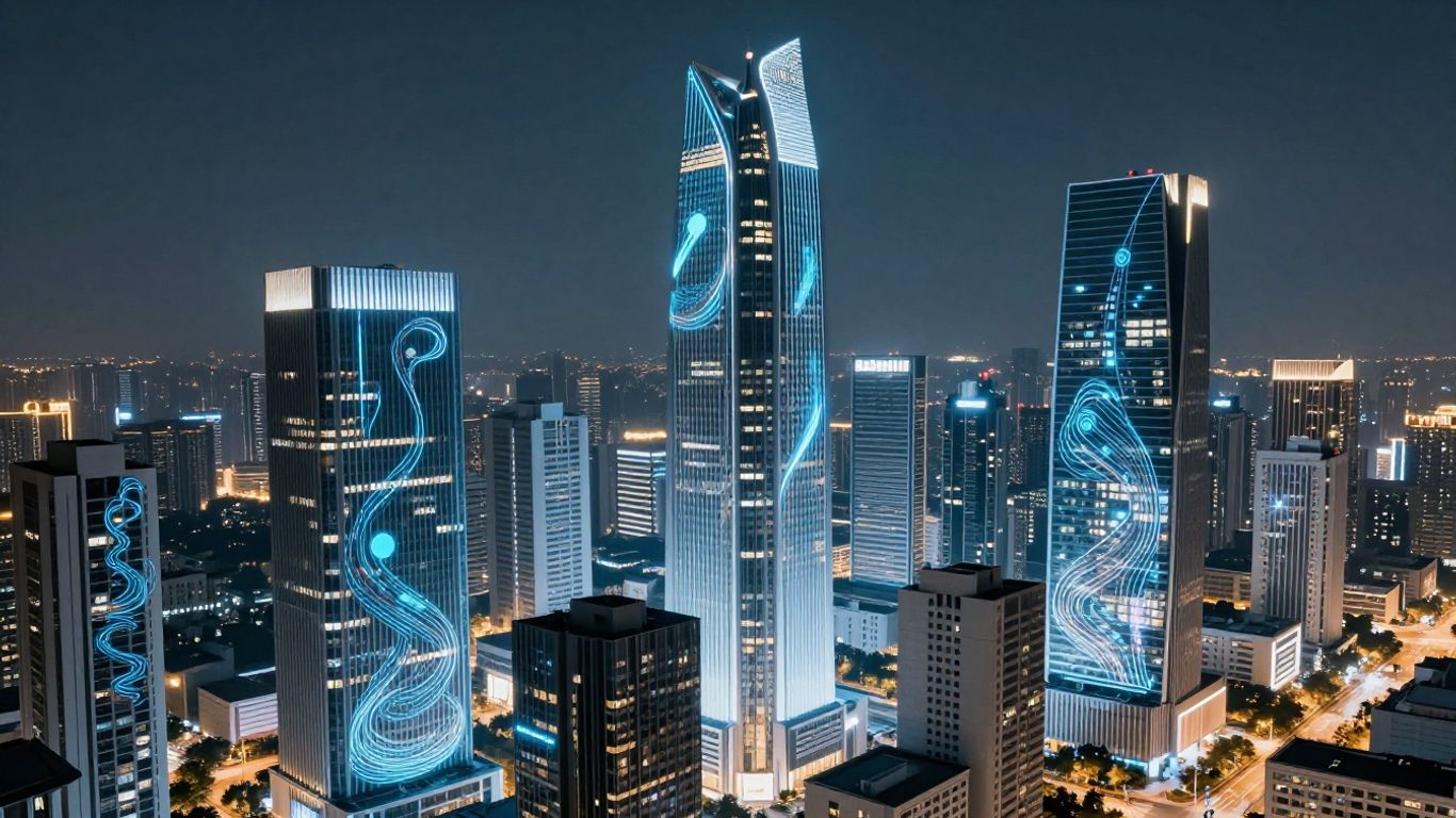 AI chatbots interacting with futuristic real estate interfaces.