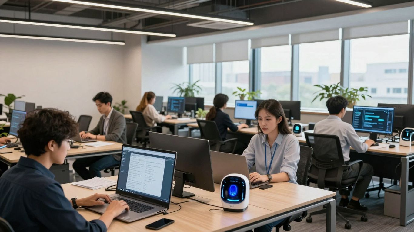 Diverse team using AI technology in modern office