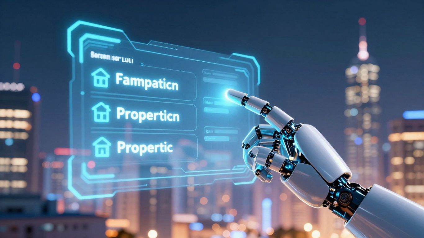 AI agent interacting with futuristic real estate property listing.