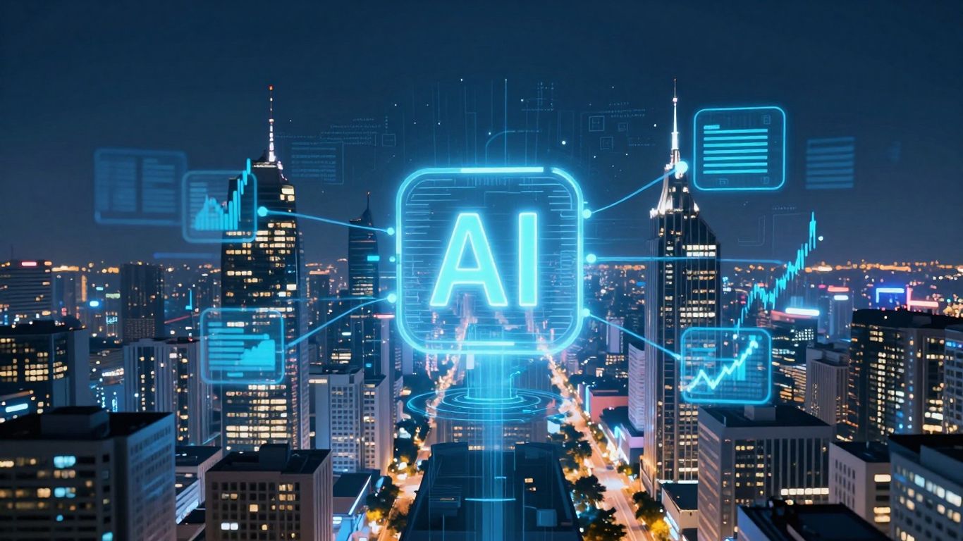 Futuristic cityscape with AI data streams