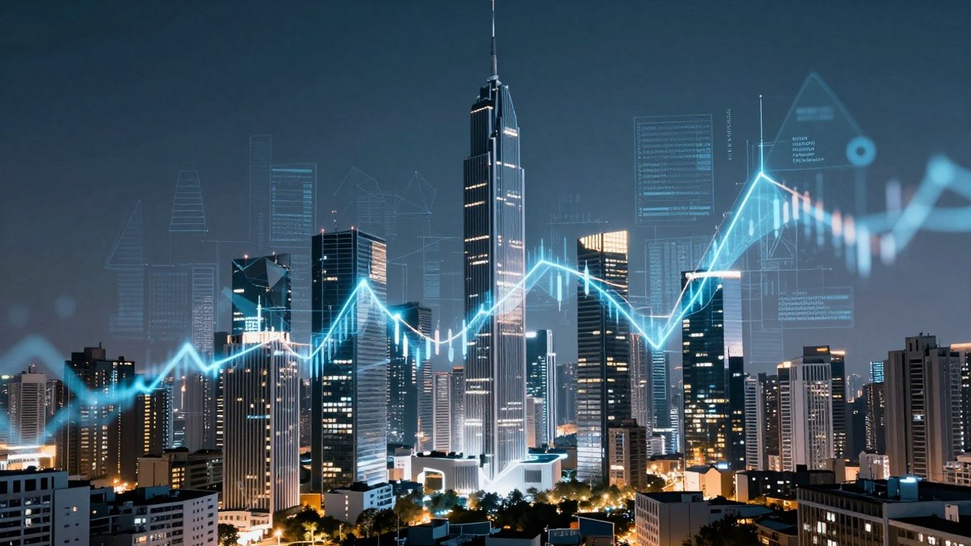 Futuristic cityscape with AI data overlays.