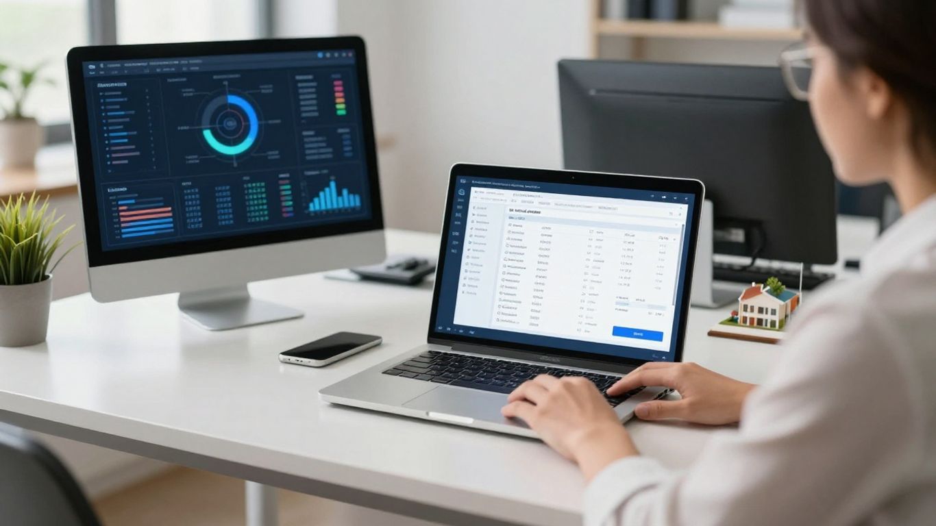 Agent using AI technology in real estate office workspace.