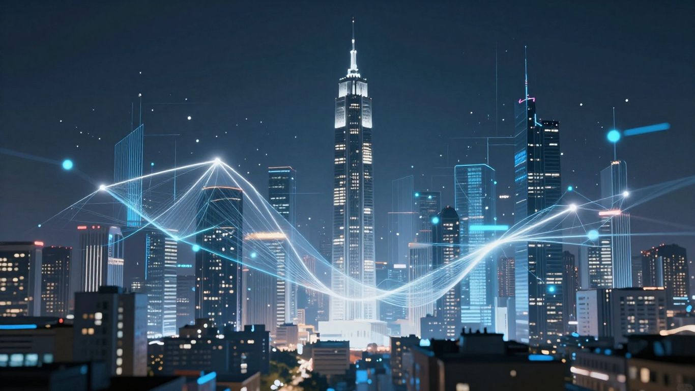 Futuristic cityscape with AI data overlays