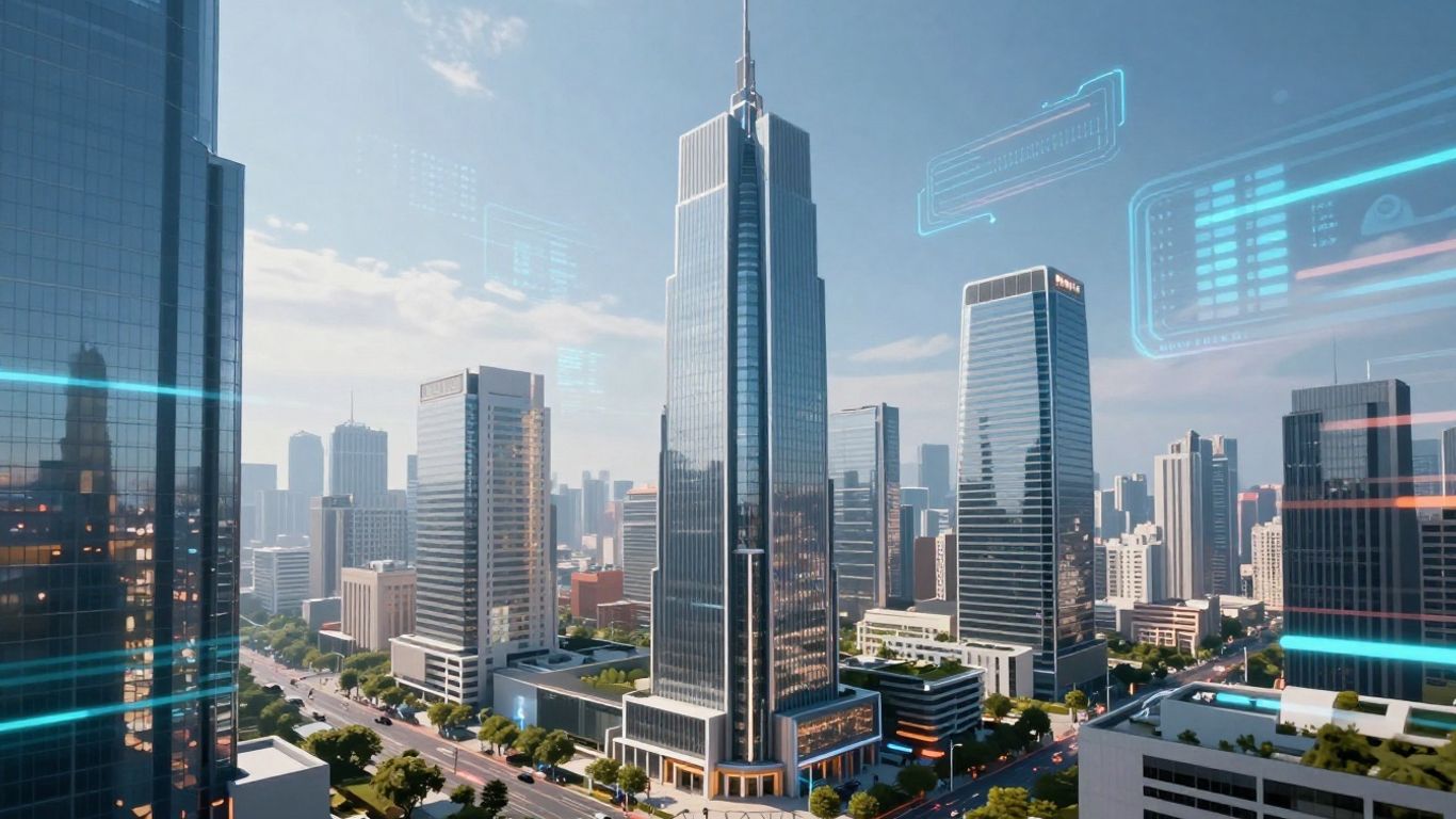 Futuristic real estate AI cityscape with digital overlays.