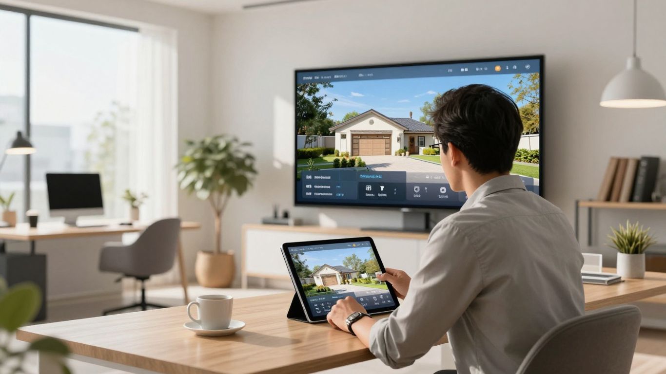 Agent shows AI-powered home images to clients on screens