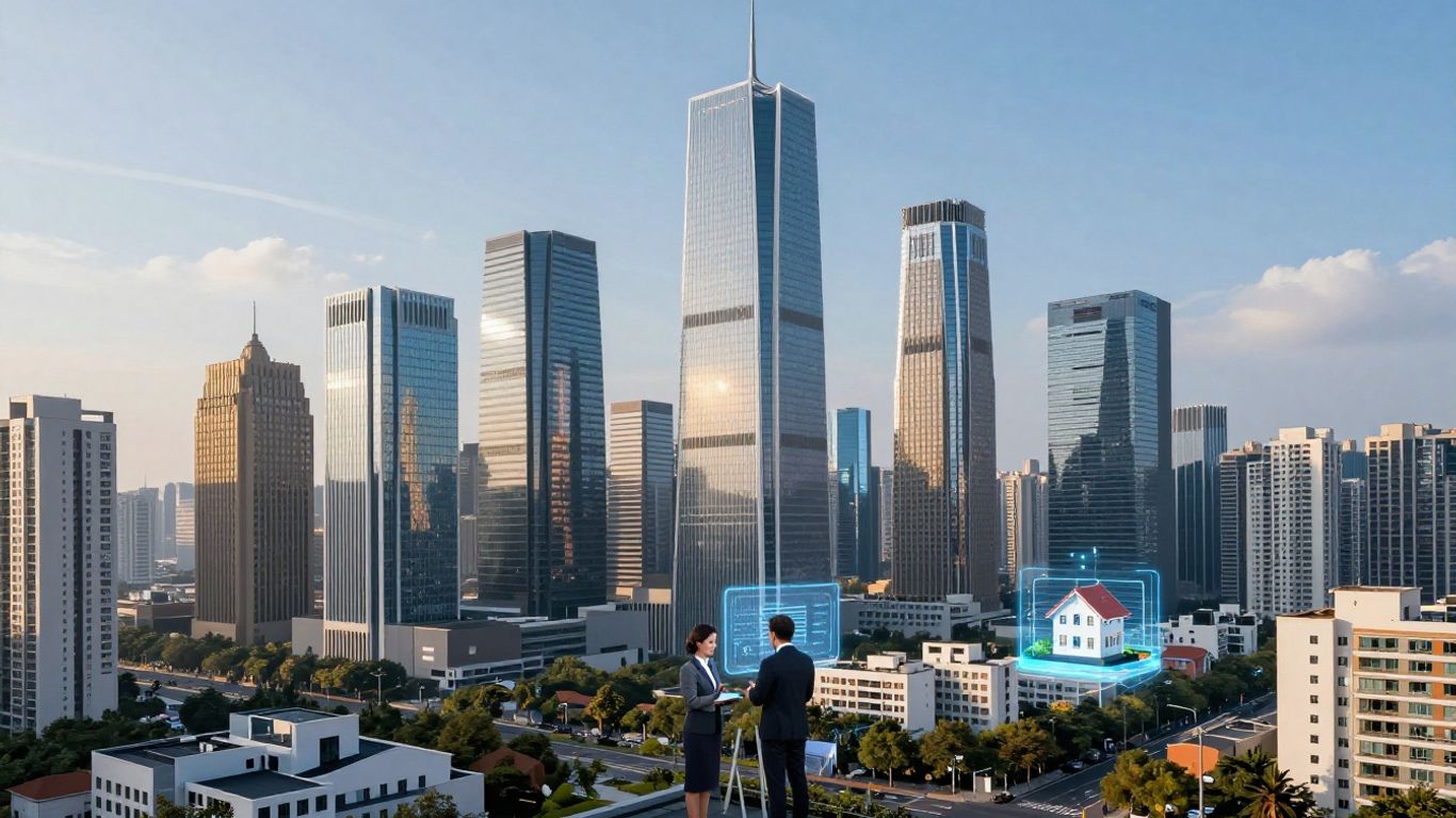 Real estate agents using AI technology in futuristic city