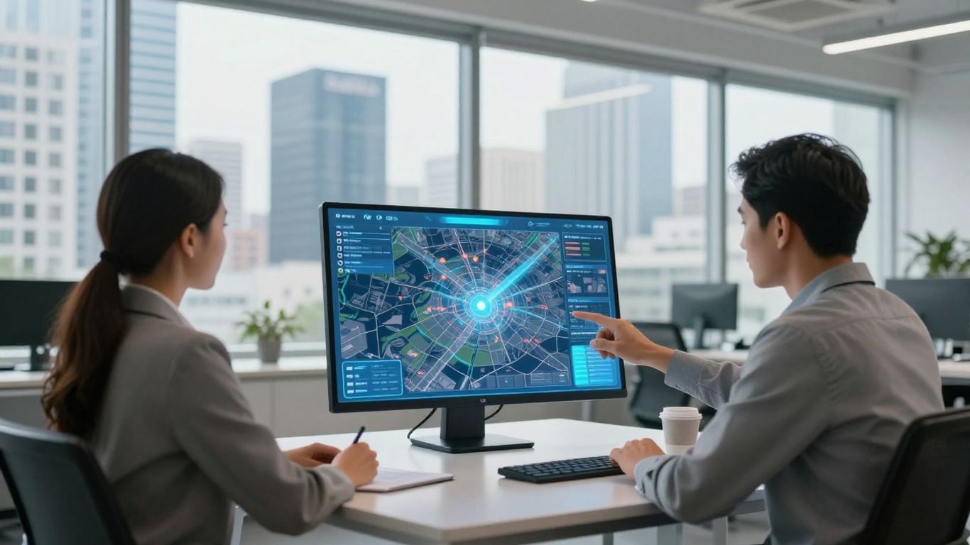 Real estate agent uses AI touchscreen with client in office.