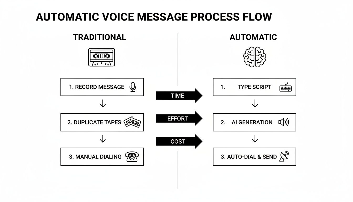Flowchart comparing traditional versus automatic voice message creation and delivery processes, highlighting differences in time, effort, and cost.