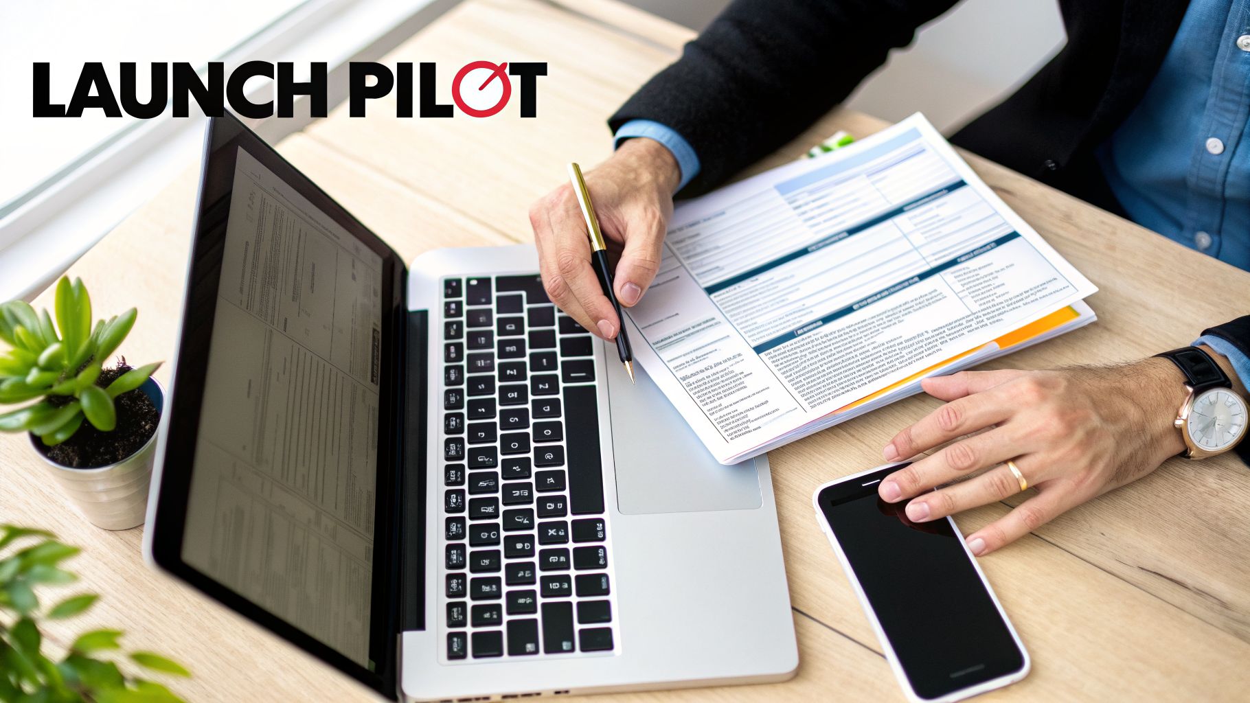 A person's hands reviewing documents with a pen, next to a laptop and smartphone on a wooden desk.