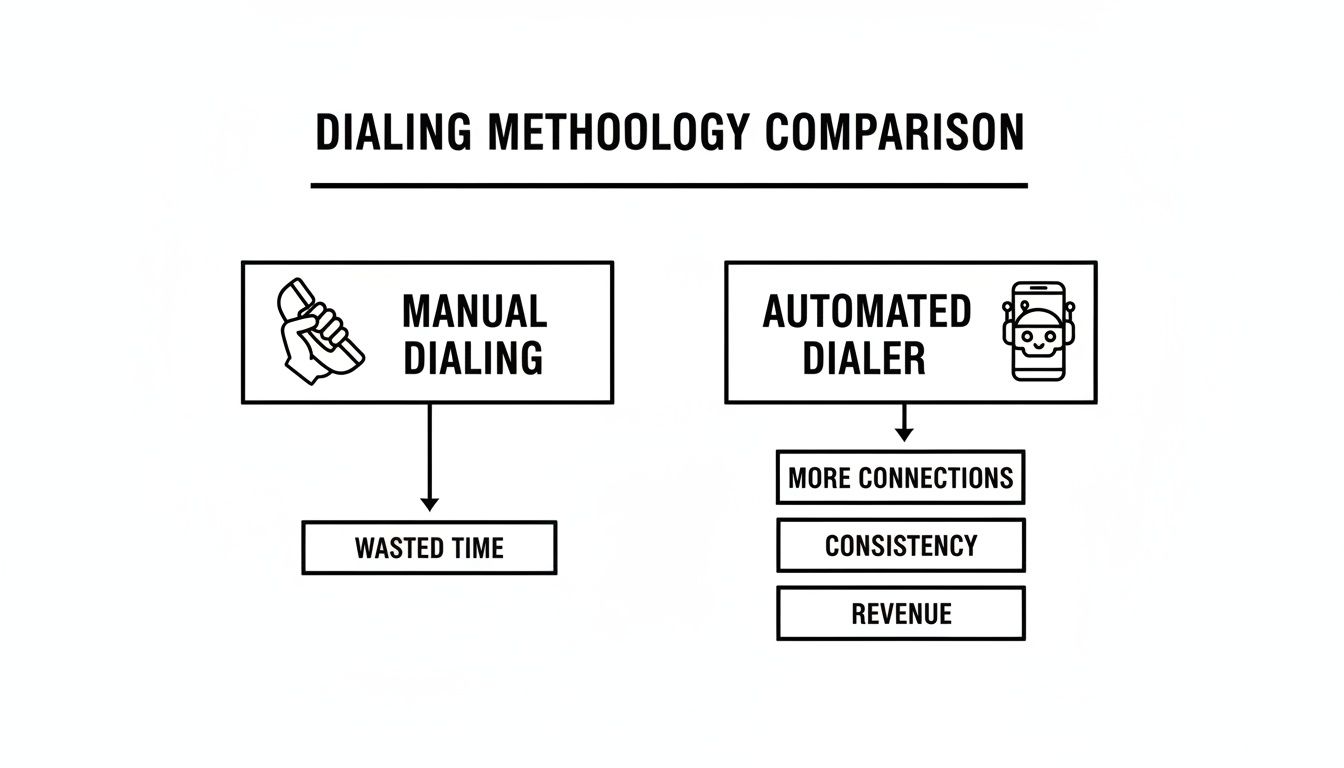 A comparison chart illustrating the benefits of an automated dialer versus manual dialing.