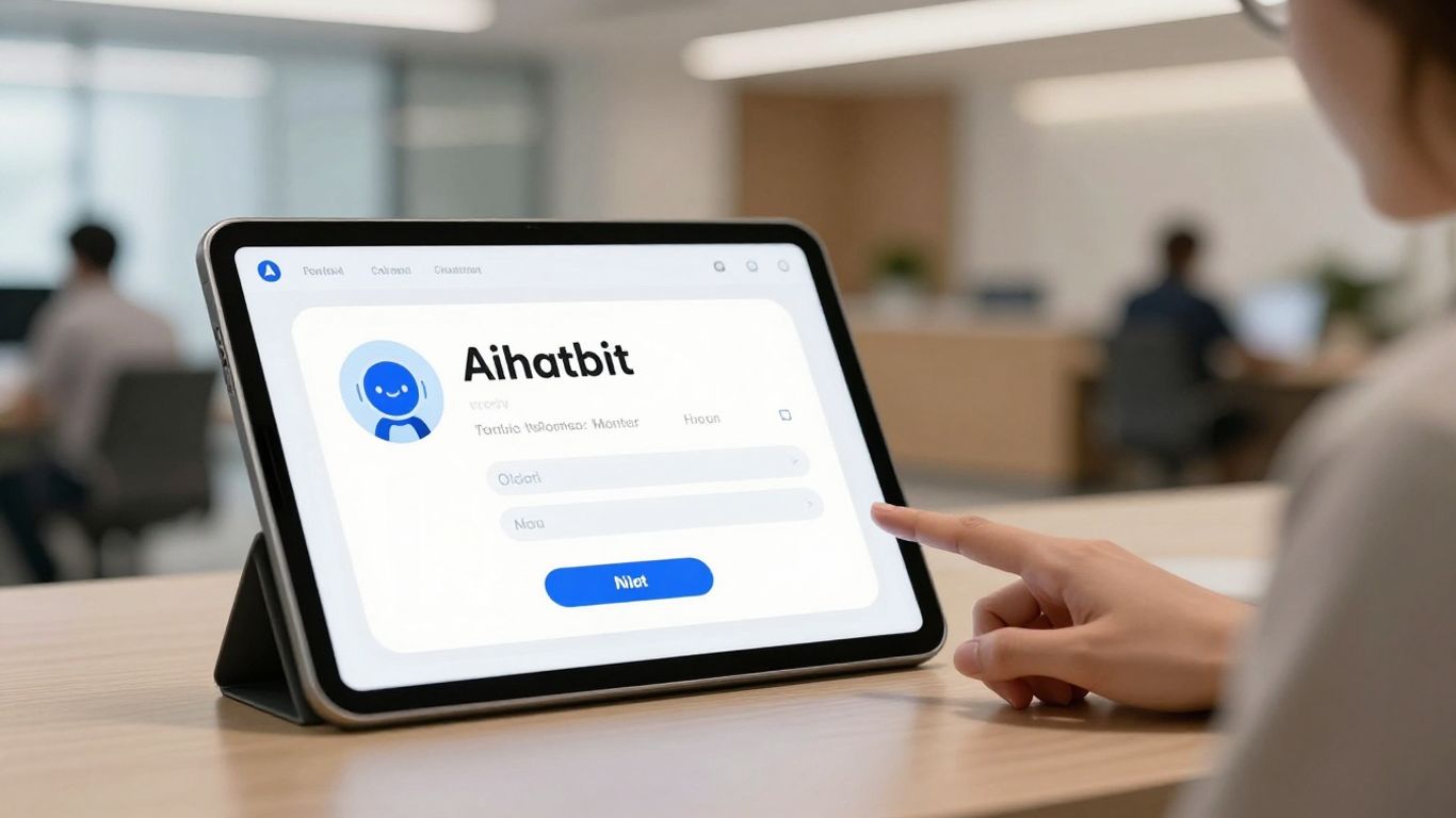 AI chatbot interface on a tablet in an office.