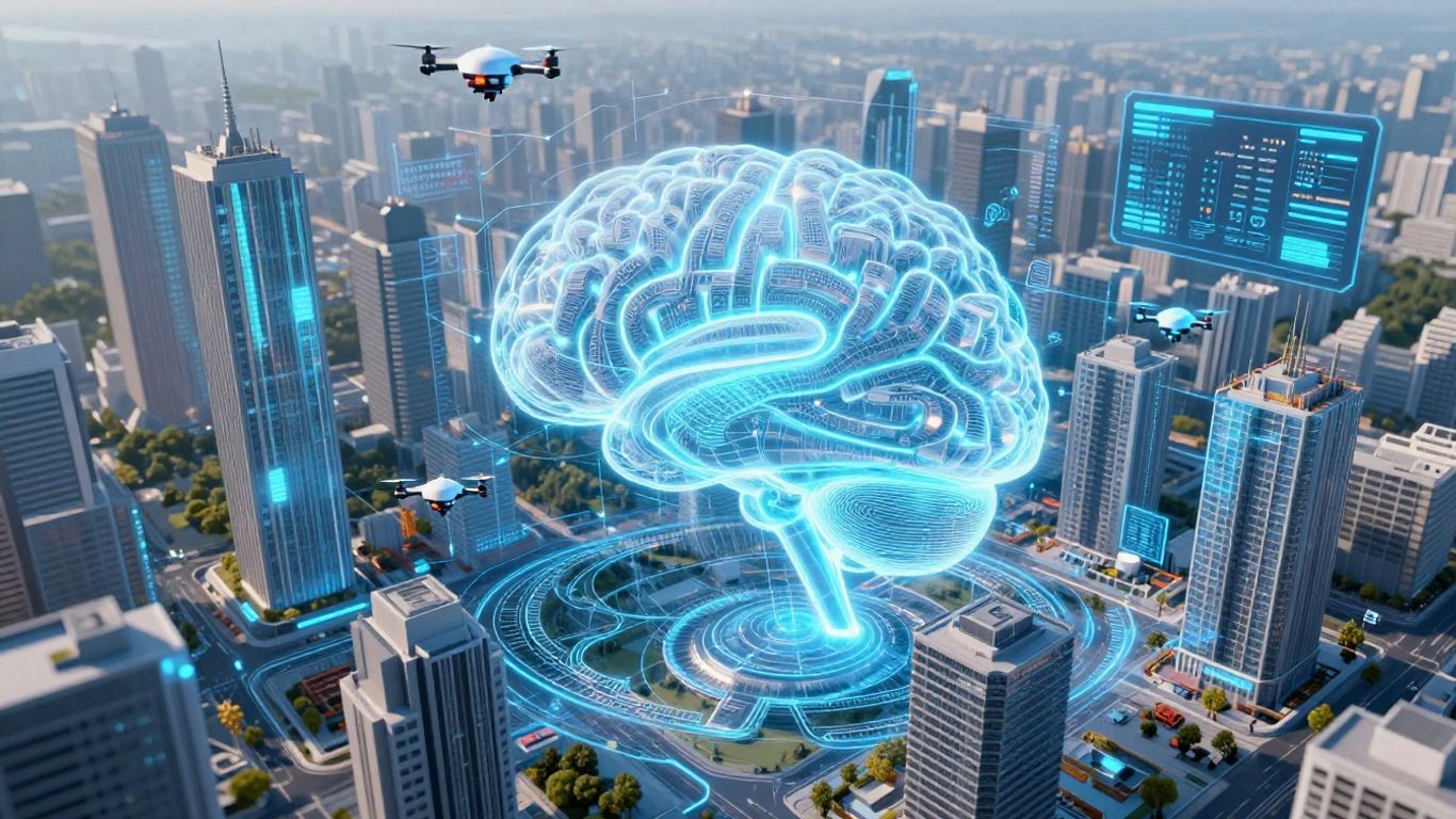 AI optimizing real estate operations with futuristic visuals.