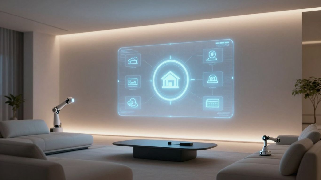 Futuristic living room with holographic AI interface and robotic arm.