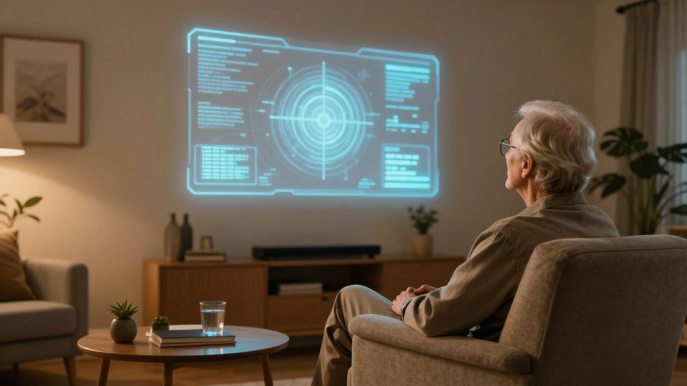 Elderly person with AI interface in home care setting.
