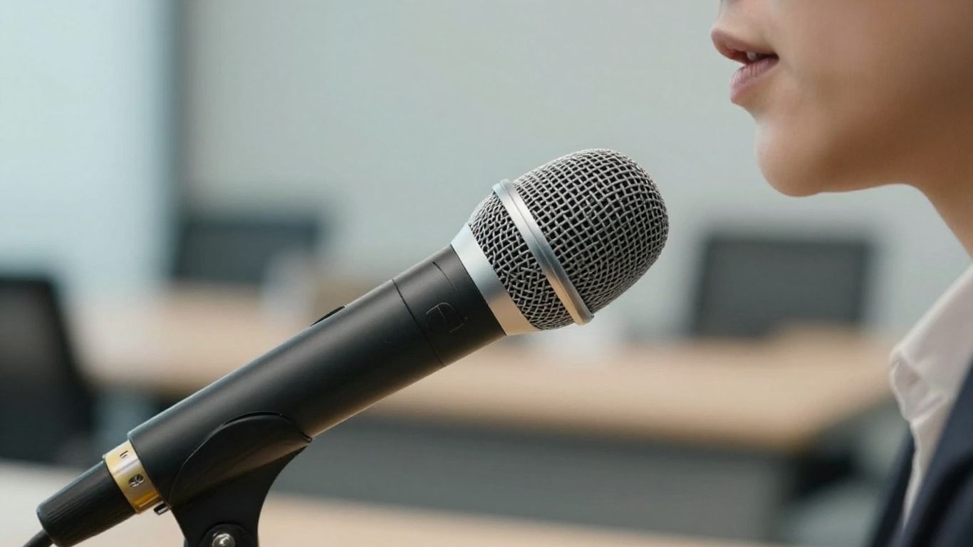 Person speaking into a microphone for AI scheduling.