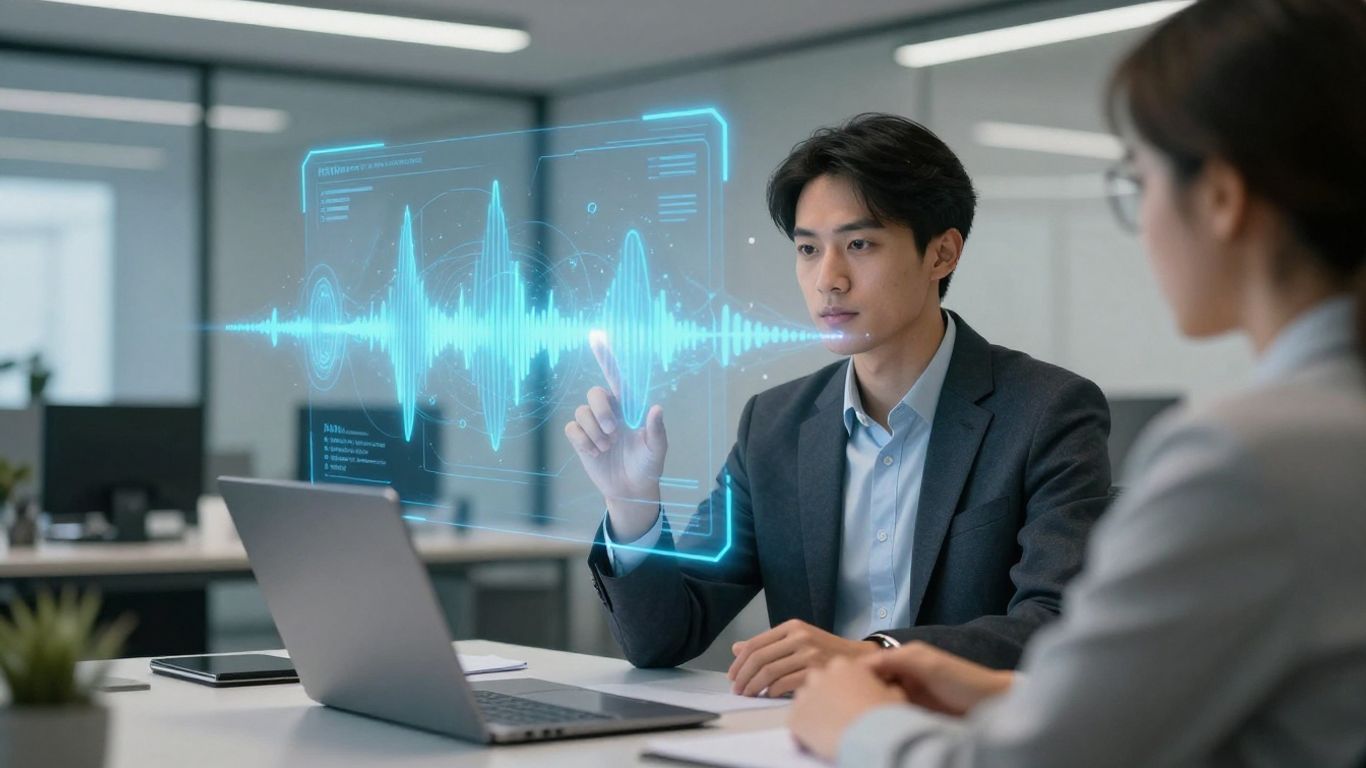 Voice AI scheduling interface with sound waves.