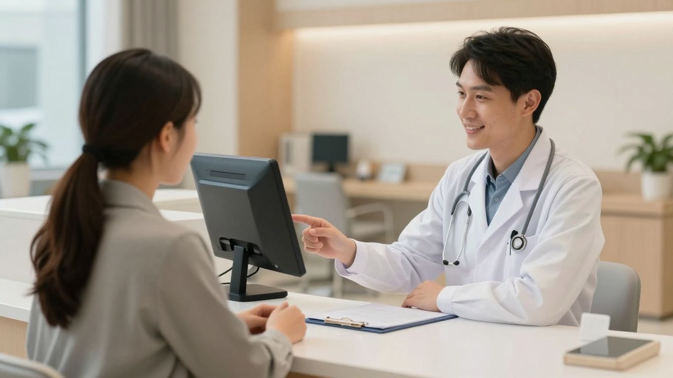 Healthcare professional and patient at clinic reception desk.