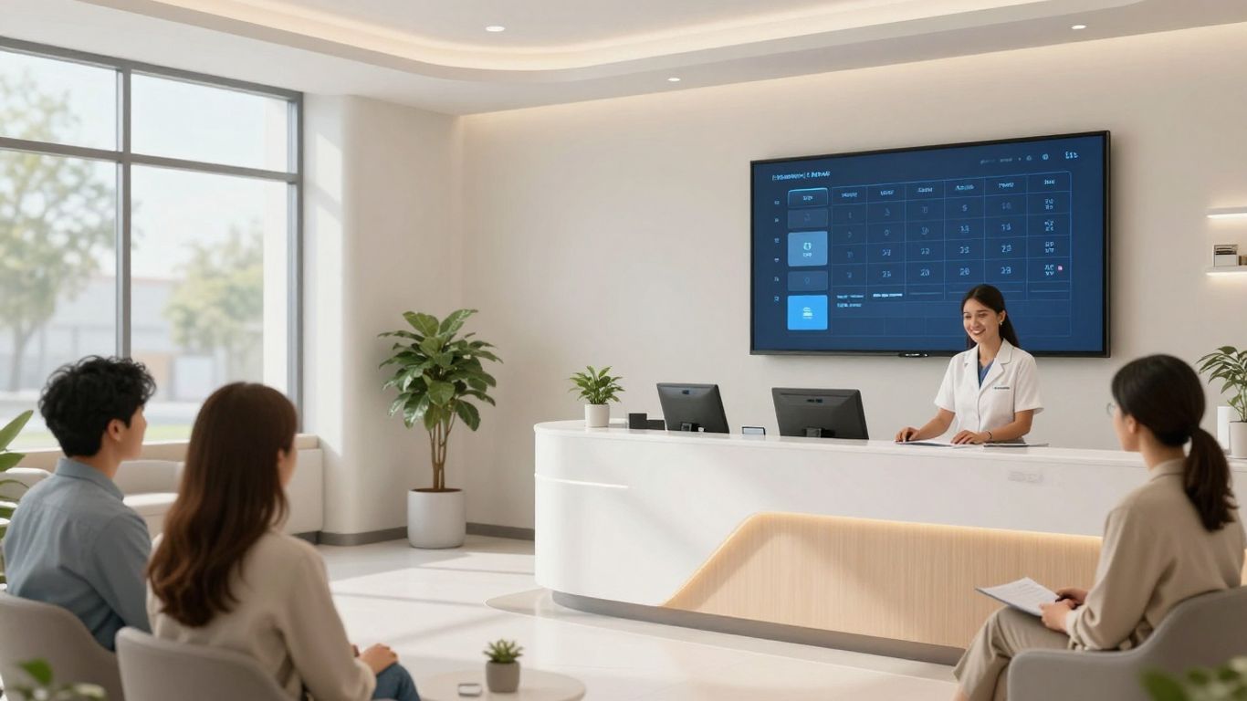 AI scheduling interface in a clinic with patients and staff.