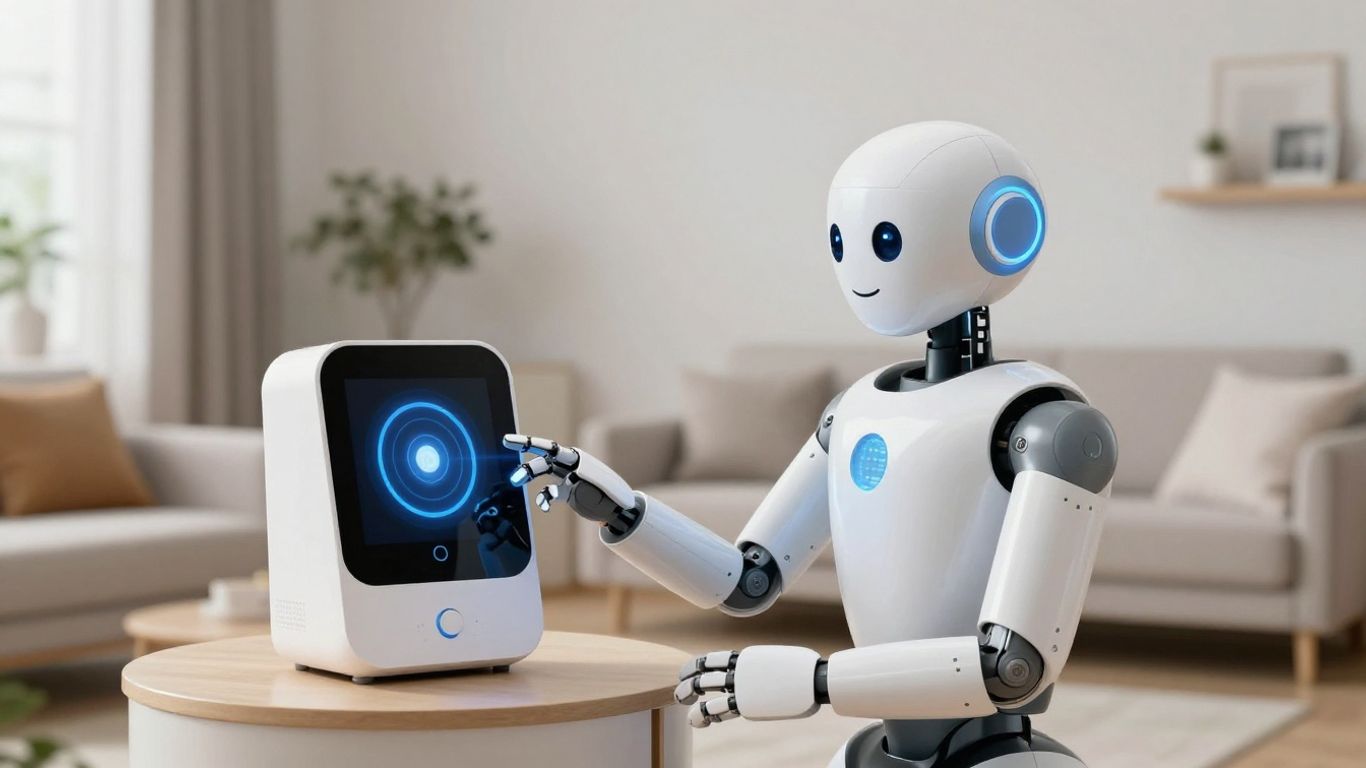 AI robot interacting with smart home device in a living room.