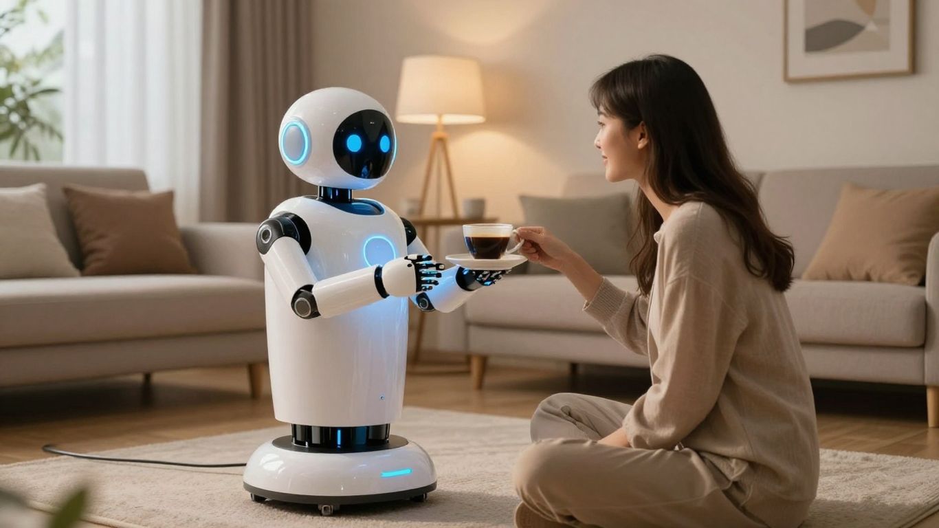 AI robot serving coffee in a modern home.