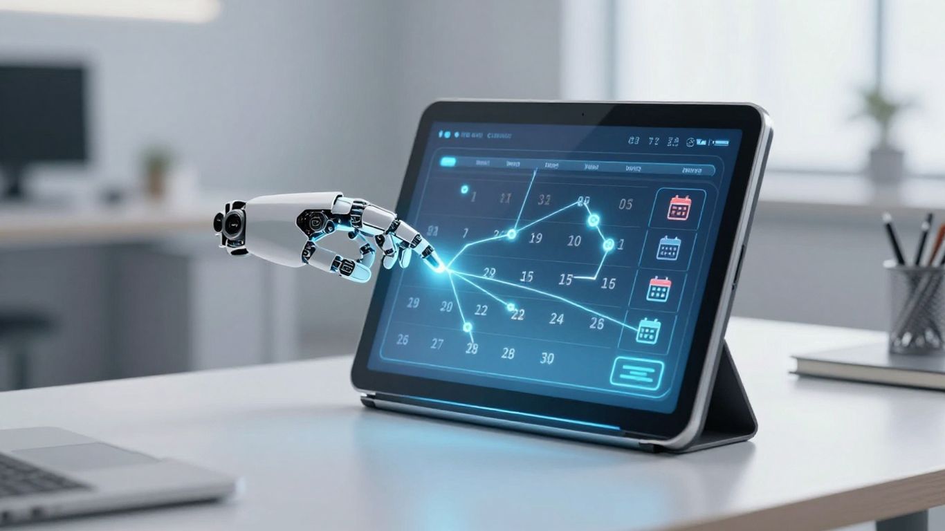 AI agent organizing a digital calendar on a desk.