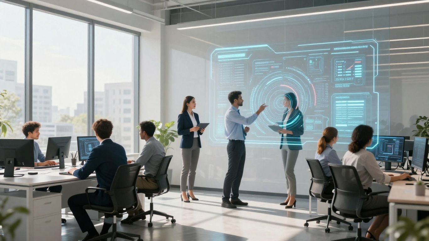 Real estate agents using advanced AI tools in a modern office.