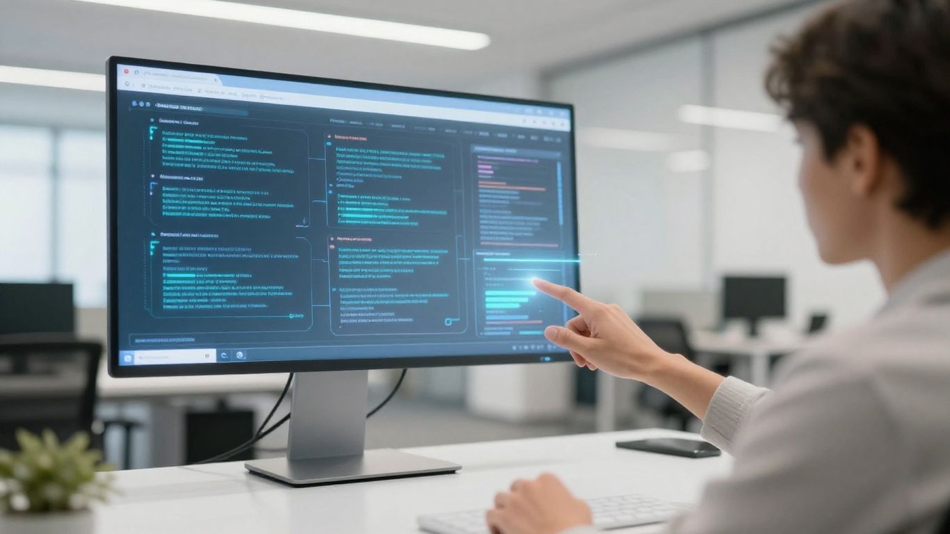Conversational AI interface in a modern office setting.