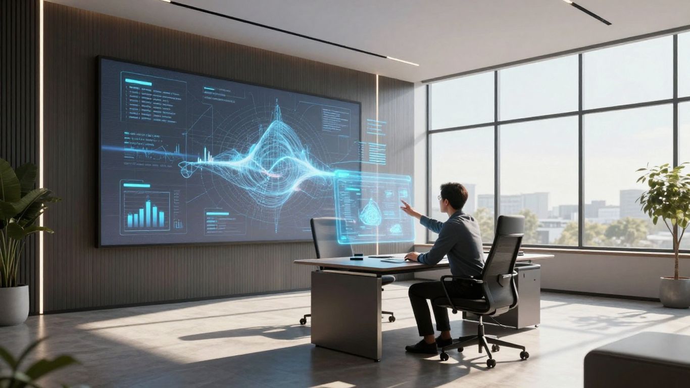 Real estate professional using futuristic AI interface.