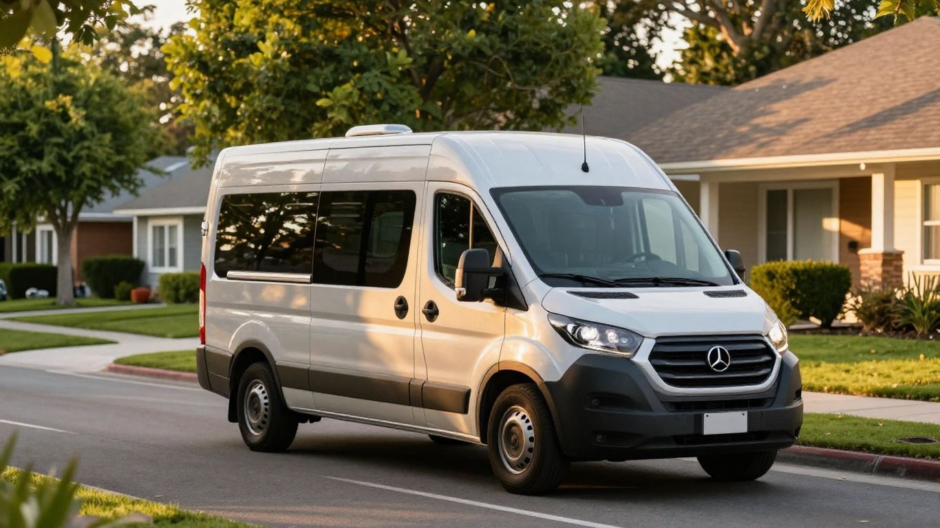 Home services van on a sunny suburban street.
