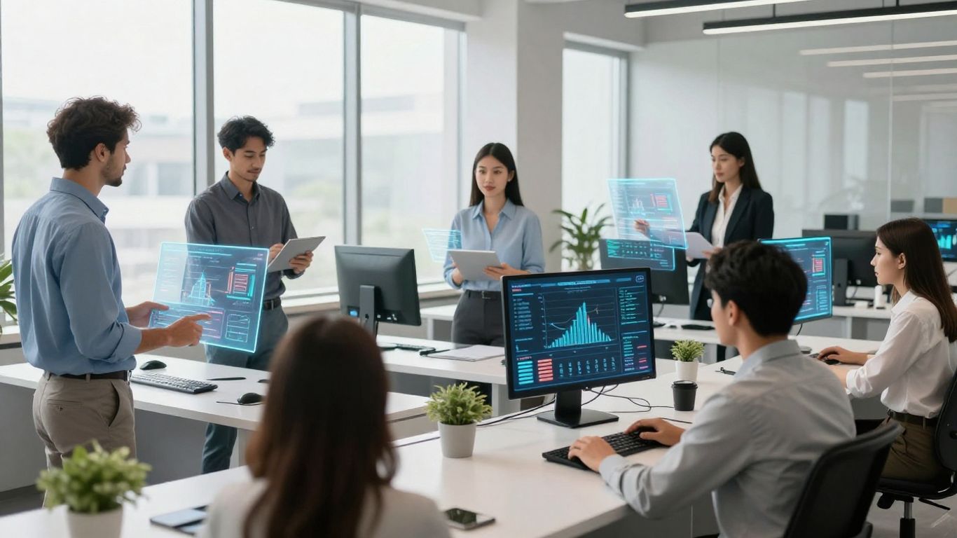 Real estate agents using AI technology for market analysis.