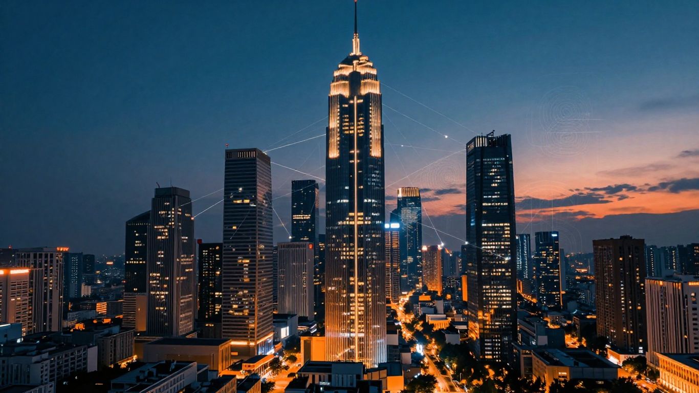 Futuristic cityscape with AI connections and glowing lights.