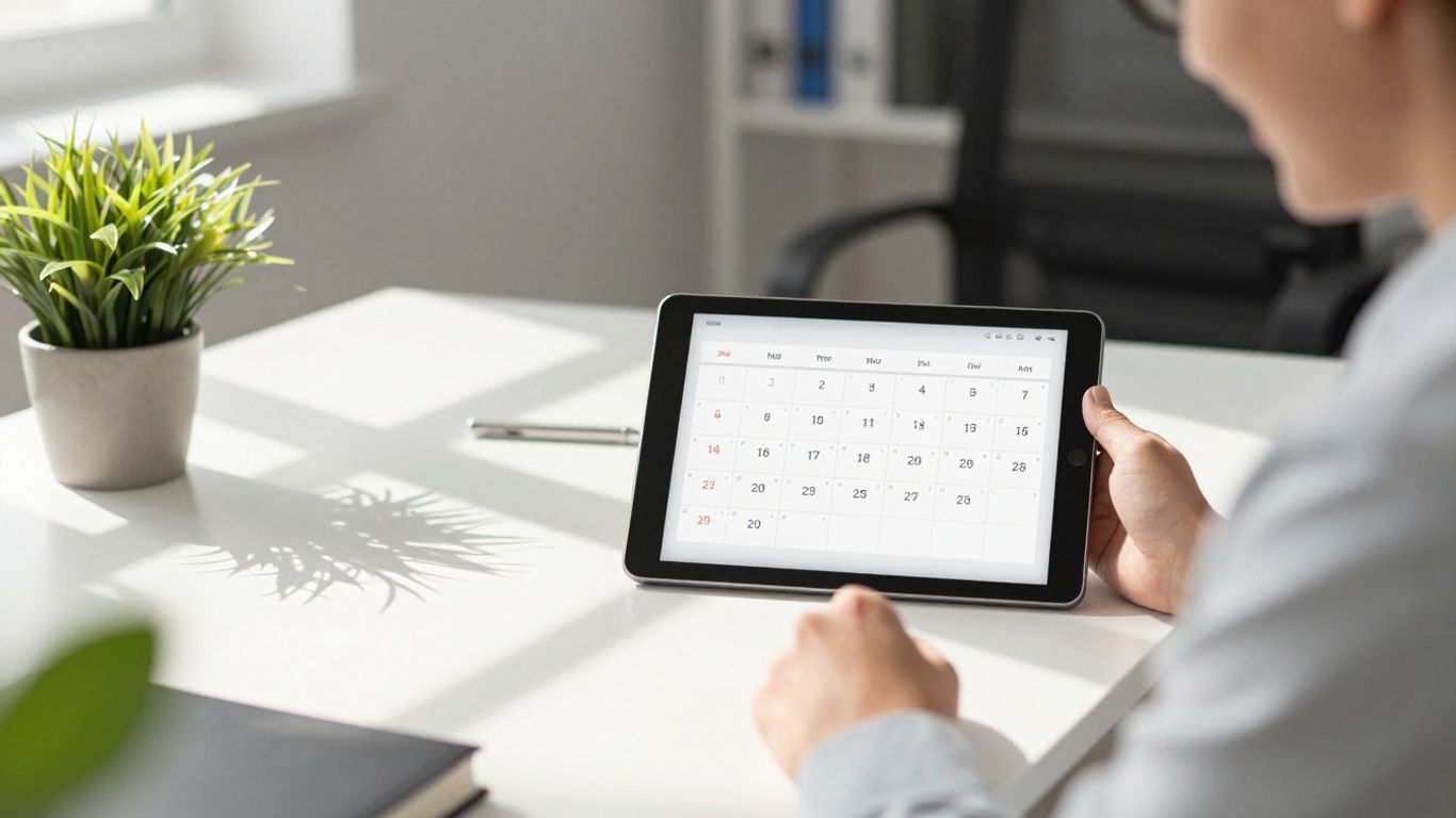 Person using AI scheduling tool on a tablet in a bright office.