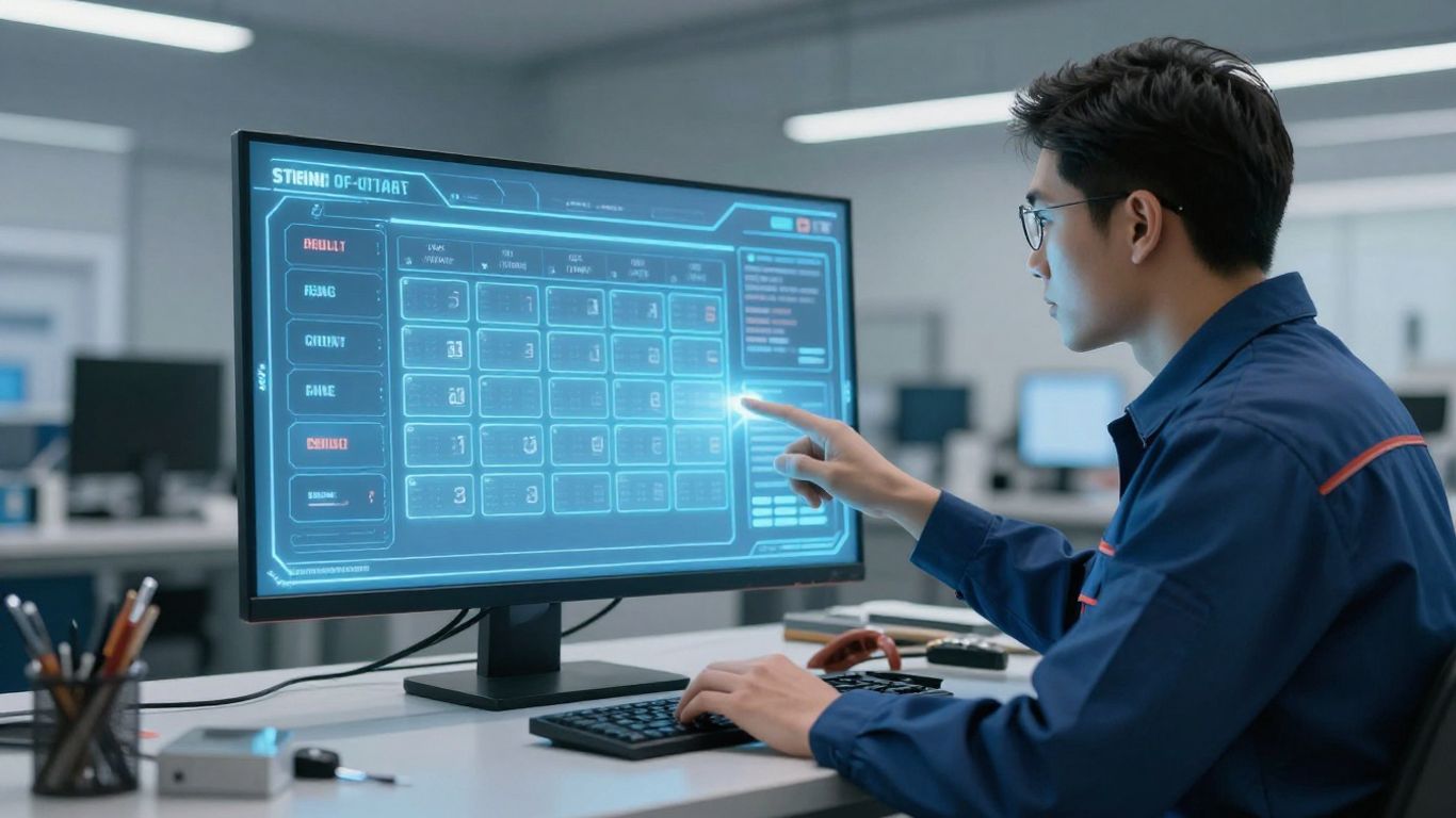 Electrician using AI scheduling interface on a tablet.
