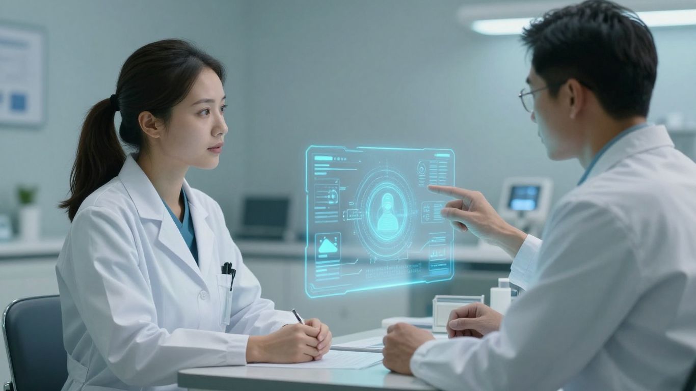 Doctor and patient with AI interface.