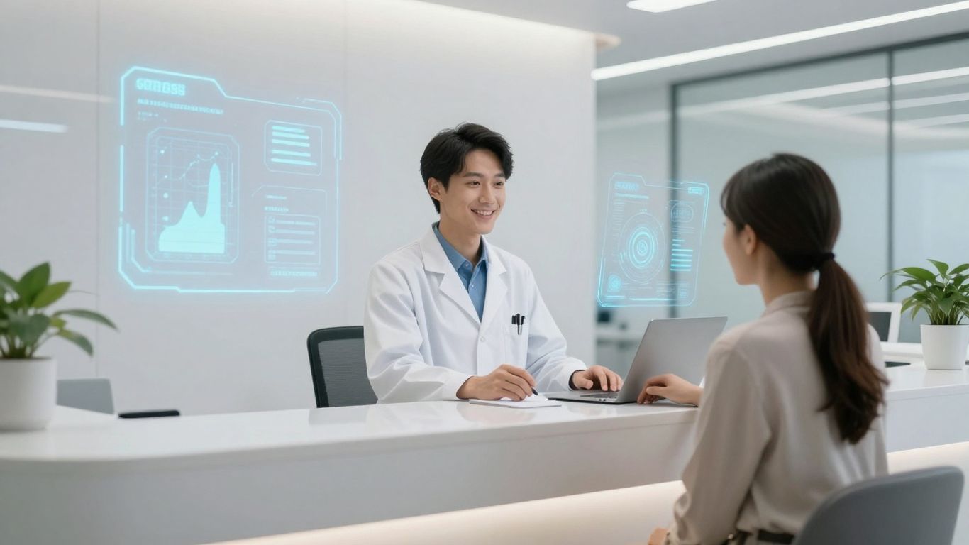 Doctor and patient interacting with advanced scheduling technology.