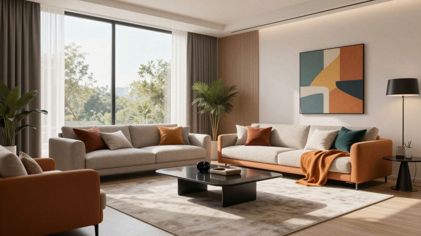 AI-designed living room with modern furniture and decor.