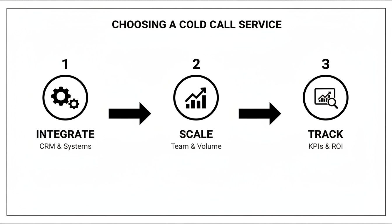 Three-step guide for choosing a cold call service: Integrate, Scale, and Track.