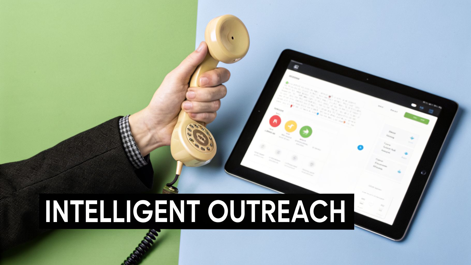 A hand holds a vintage telephone receiver next to a tablet displaying an intelligent outreach platform.