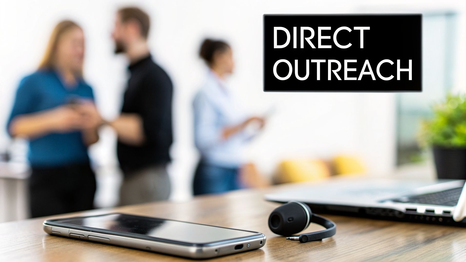 A smartphone, headset, laptop, and plant on a wooden desk, with people and 'DIRECT OUTREACH' text in the background.