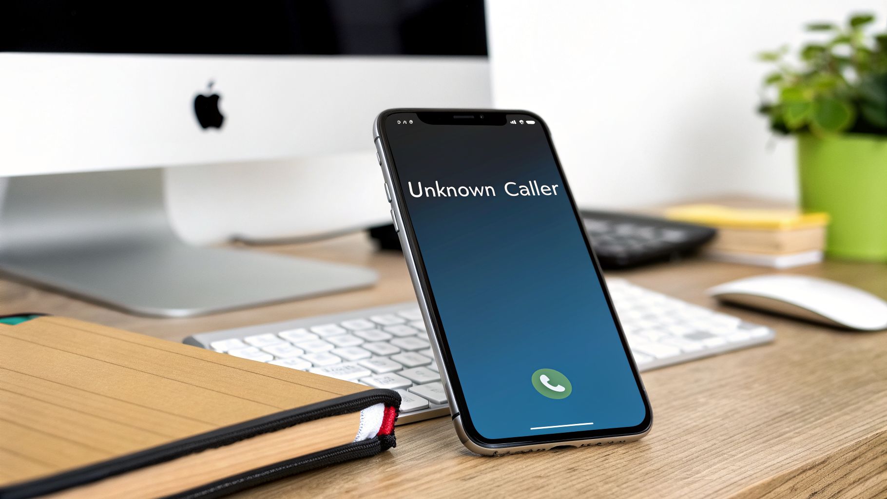 A smartphone on a wooden desk displays 'Unknown Caller' and a green answer button, with an iMac in the background.