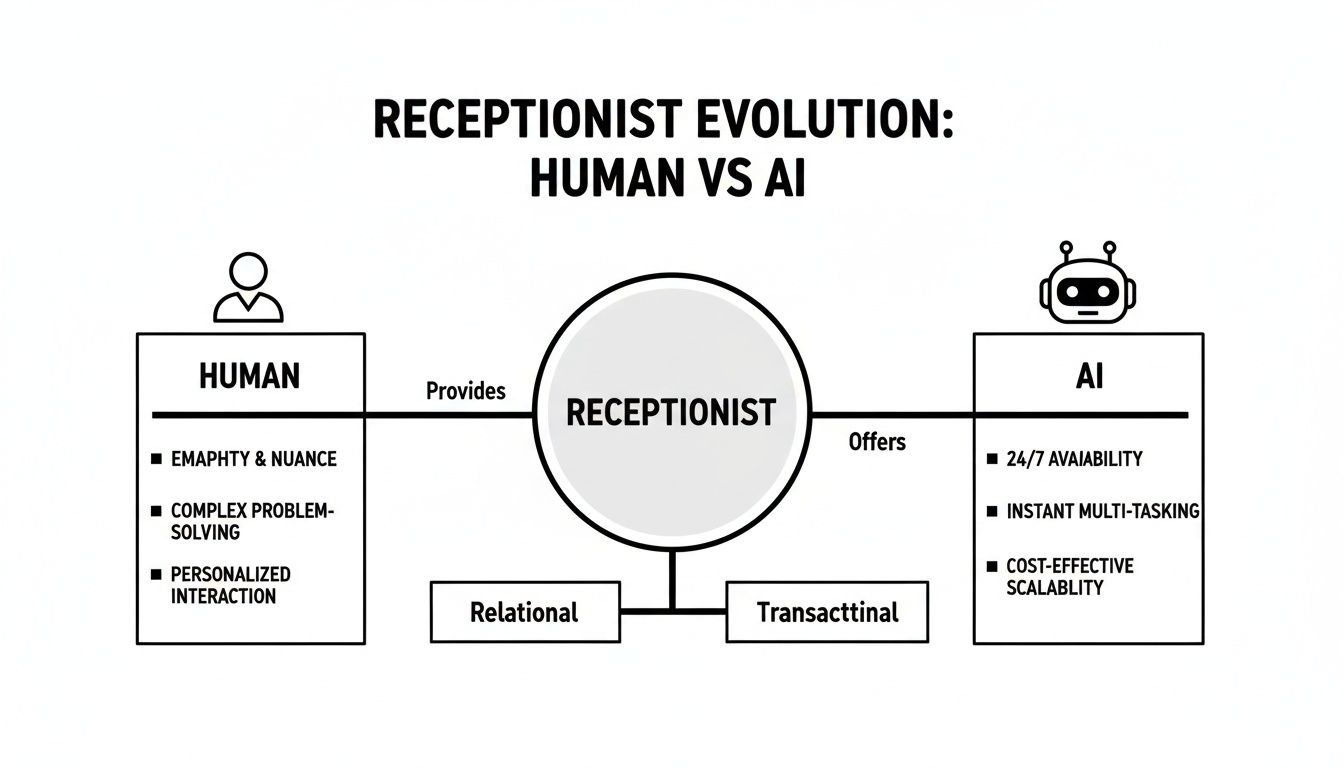 A diagram comparing human and AI receptionists, detailing benefits like empathy, problem-solving, and 24/7 availability.
