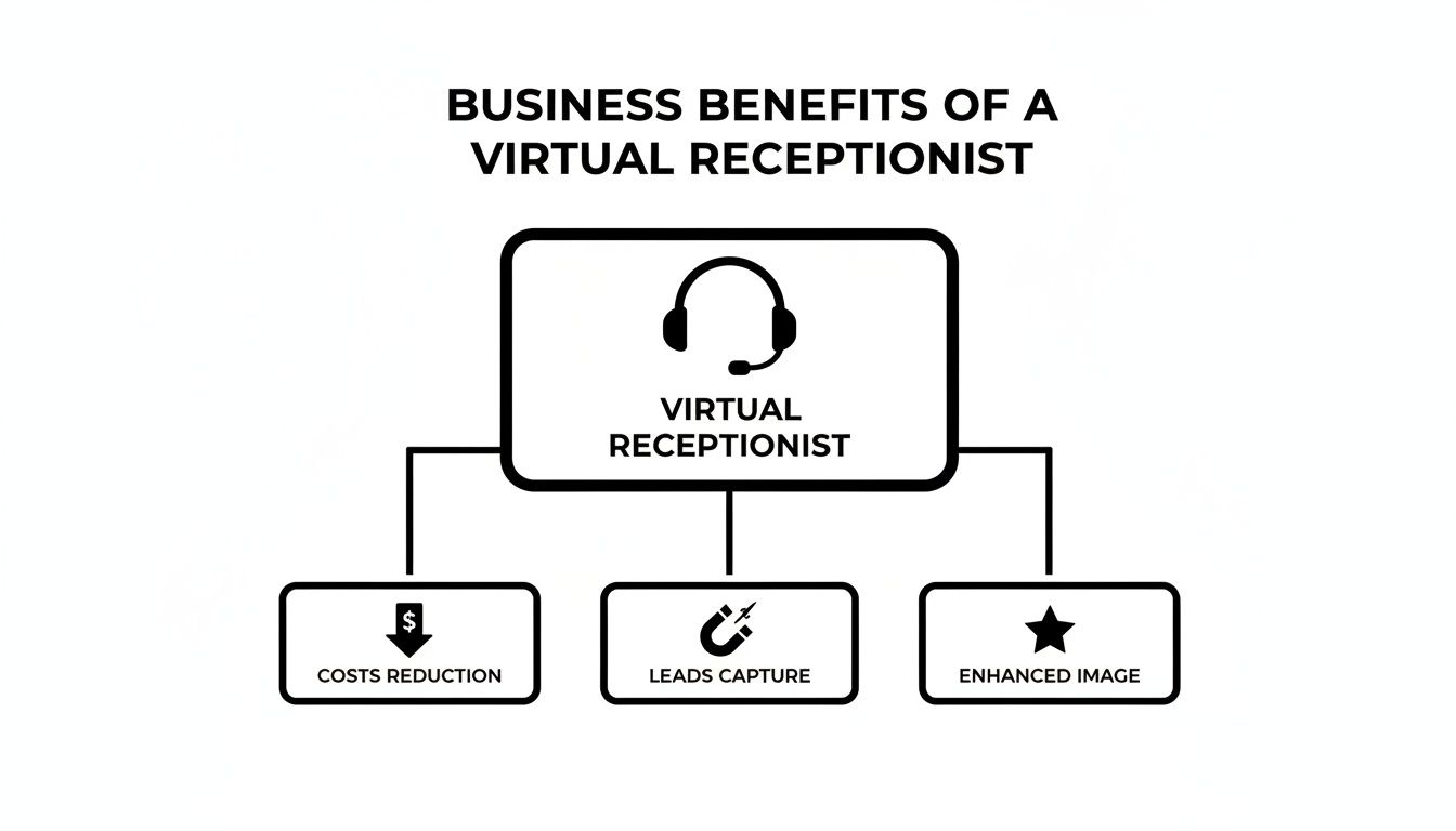 Diagram showing business benefits of a virtual receptionist, including costs reduction, leads capture, and enhanced image.
