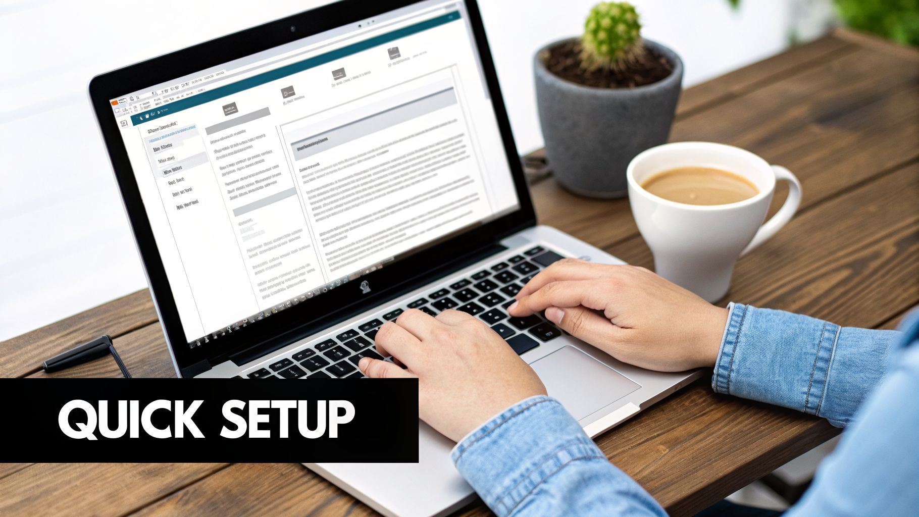 Person's hands typing on a silver laptop on a wooden table, next to a coffee mug and a cactus.