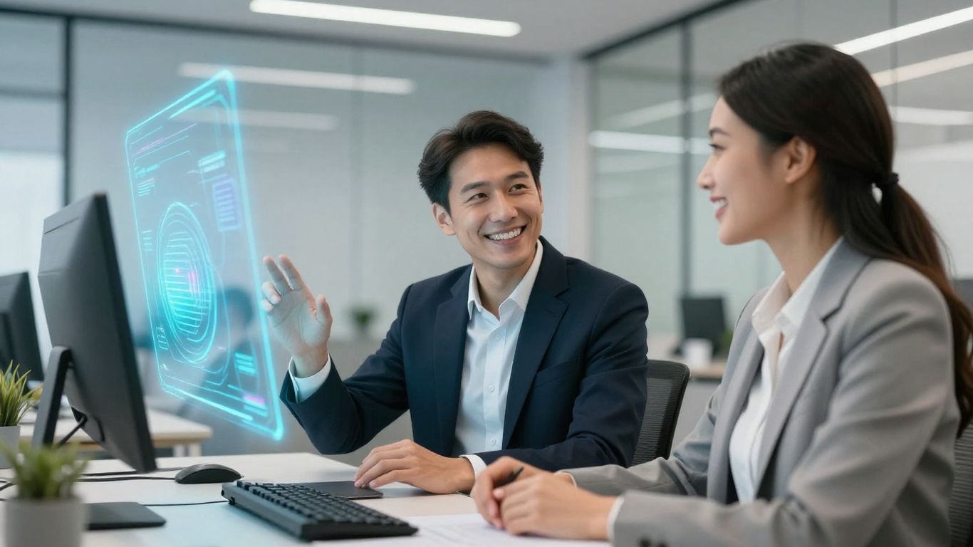 Sales rep assisted by AI hologram in modern office
