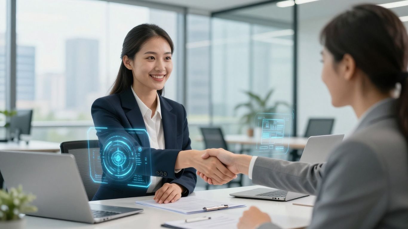 Sales rep using AI in a futuristic office