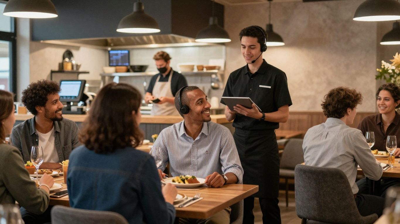 Restaurant staff using voice AI devices for efficient service