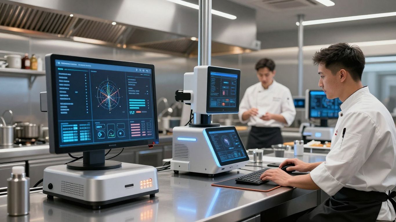 Chefs and AI devices working together in restaurant kitchen